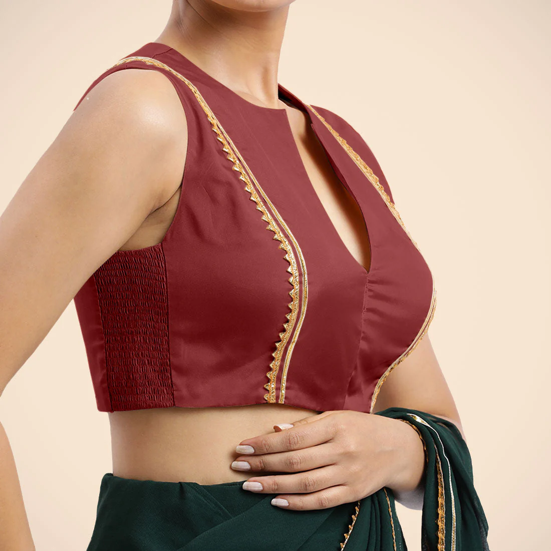 Veena x Tyohaar | Auburn Red Sleeveless FlexiFit™ Saree Blouse with Front Open Closed Neckline with Slit and Golden Gota Lace - Image 5