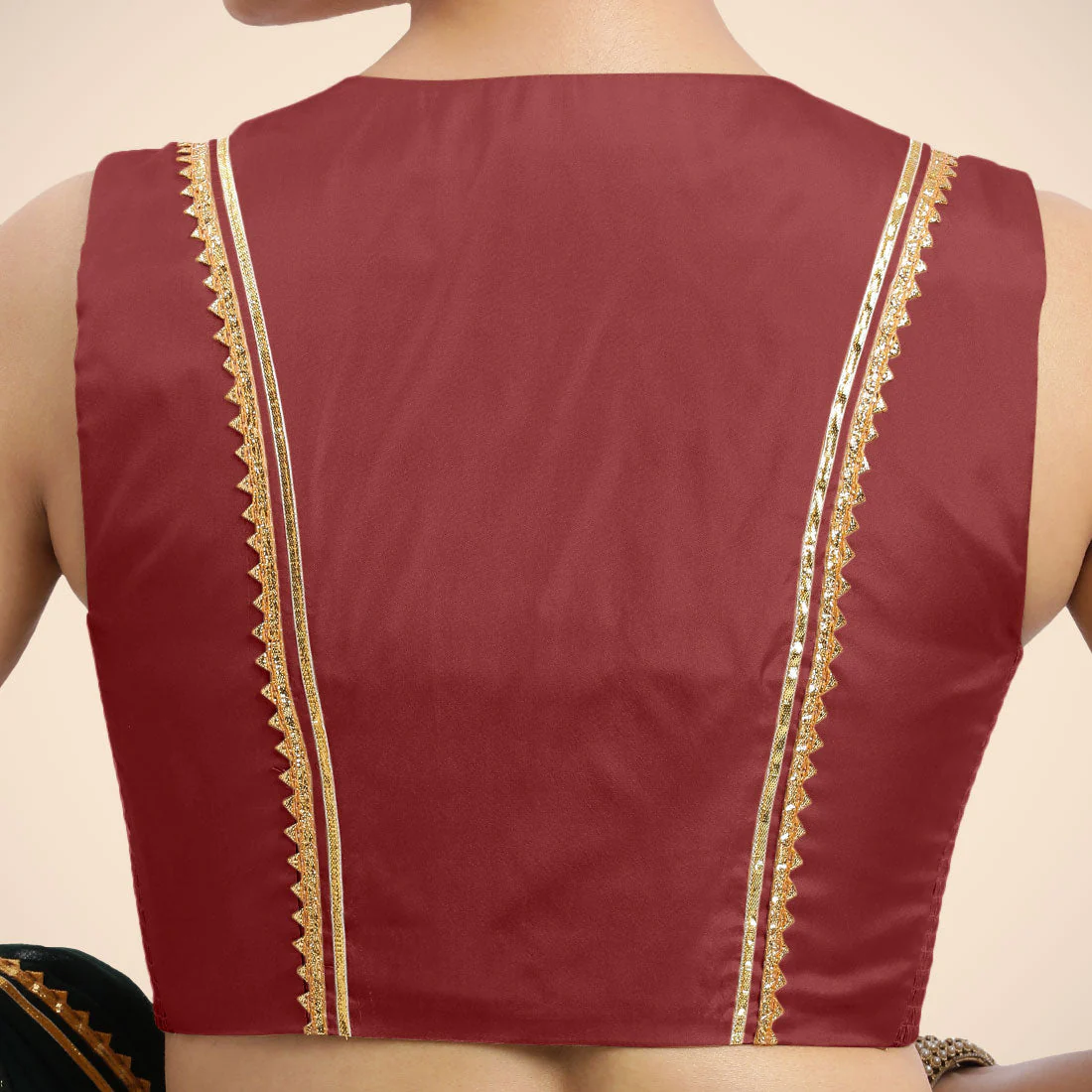 Veena x Tyohaar | Auburn Red Sleeveless FlexiFit™ Saree Blouse with Front Open Closed Neckline with Slit and Golden Gota Lace - Image 6