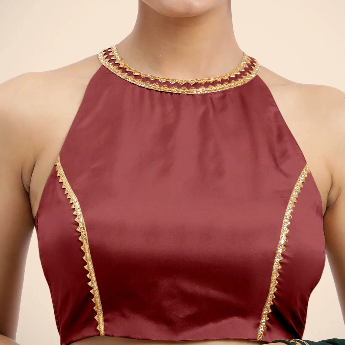 Zubeida x Tyohaar | Auburn Red Halterneck FlexiFit™ Saree Blouse with Elegant Golden Gota Embellishment on Princess Line - Image 6
