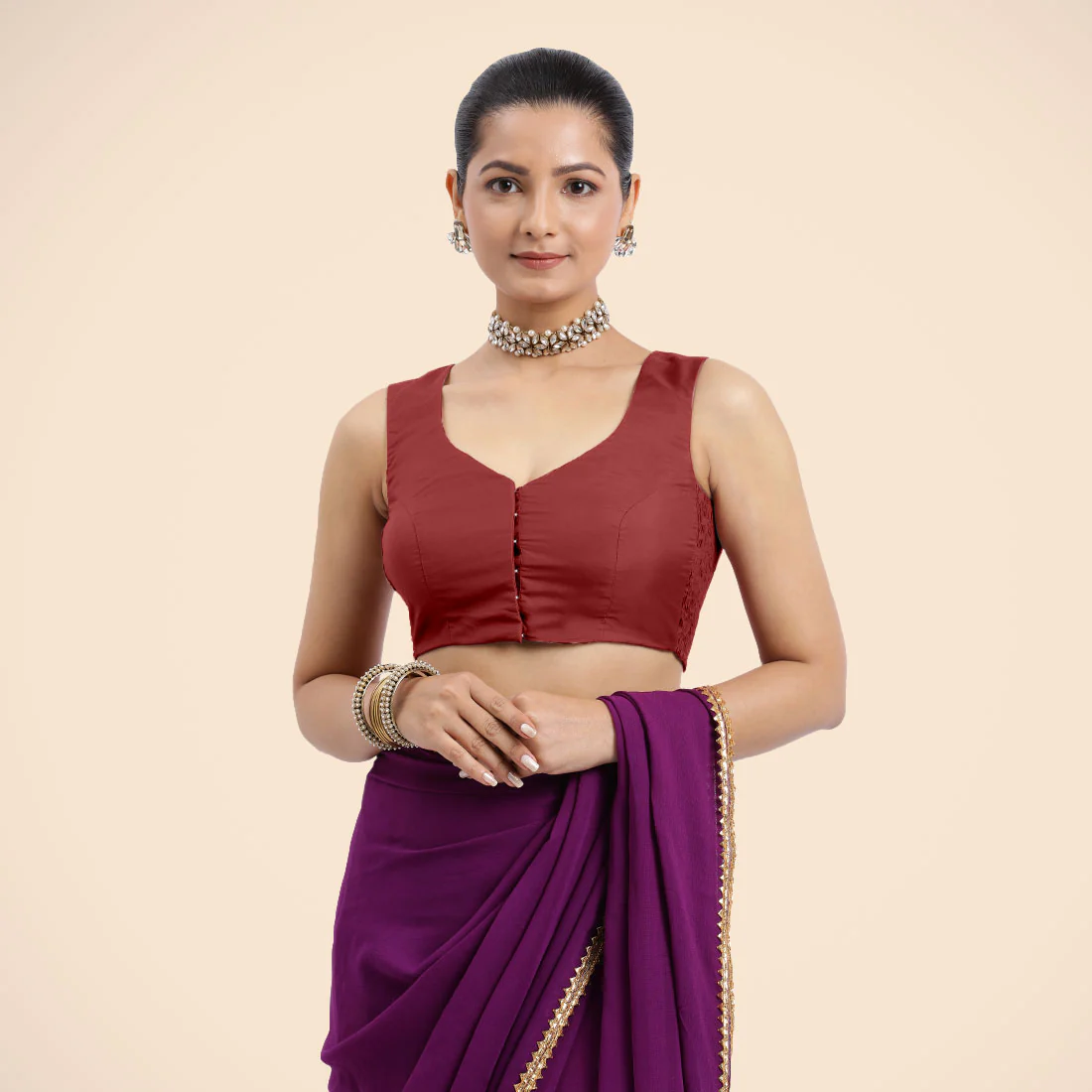 Nazia x Rozaana | Auburn Red Sleeveless FlexiFit™ Saree Blouse with Front Open Curved V Neckline with Deep Back and Dori - Image 2