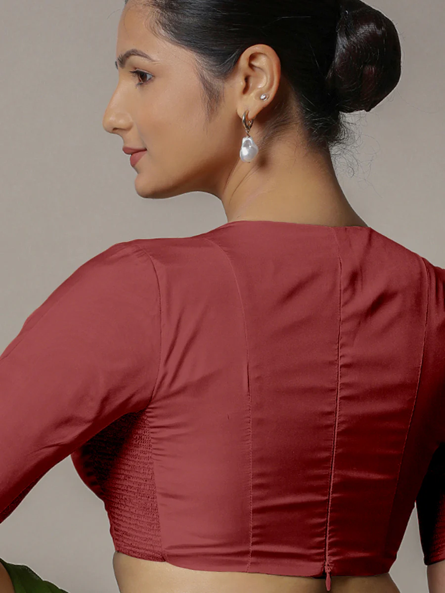 Zeenat x Rozaana | Auburn Red Elbow Sleeves FlexiFit™ Saree Blouse with Plunging Neckline - Image 2