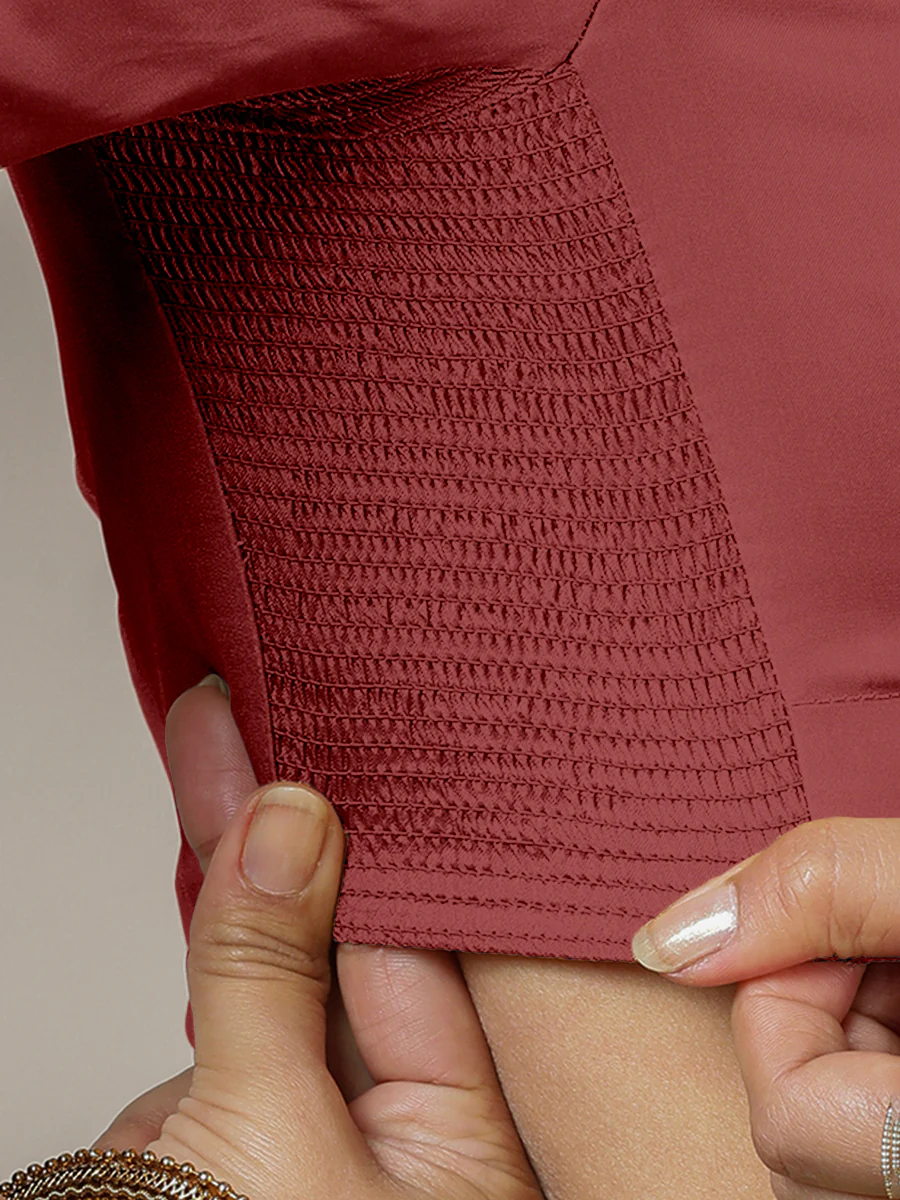 Zeenat x Rozaana | Auburn Red Elbow Sleeves FlexiFit™ Saree Blouse with Plunging Neckline - Image 3