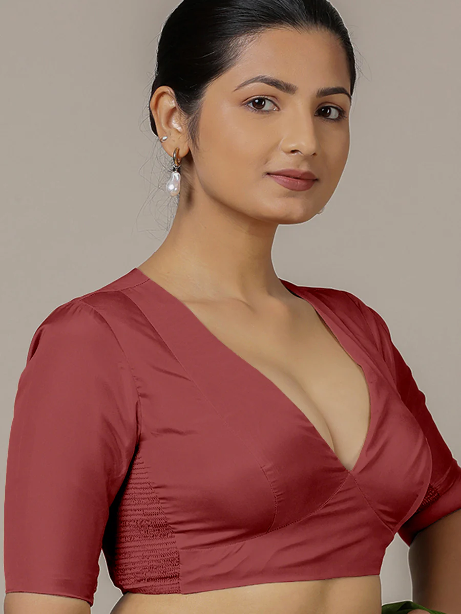 Zeenat x Rozaana | Auburn Red Elbow Sleeves FlexiFit™ Saree Blouse with Plunging Neckline - Image 8