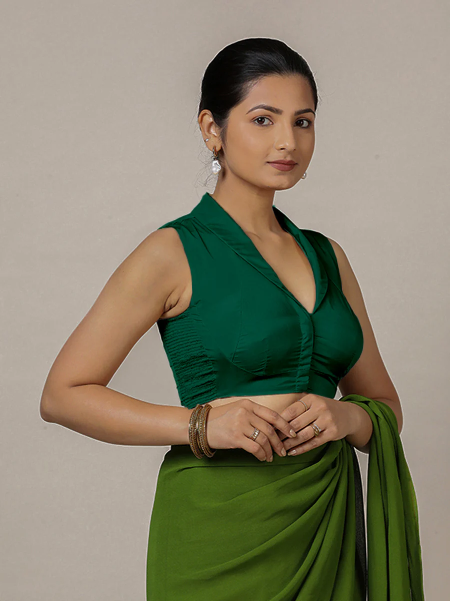 Avni x Rozaana | Bottle Green Sleeveless FlexiFit™ Saree Blouse with Elegant Shawl Collar - Image 7