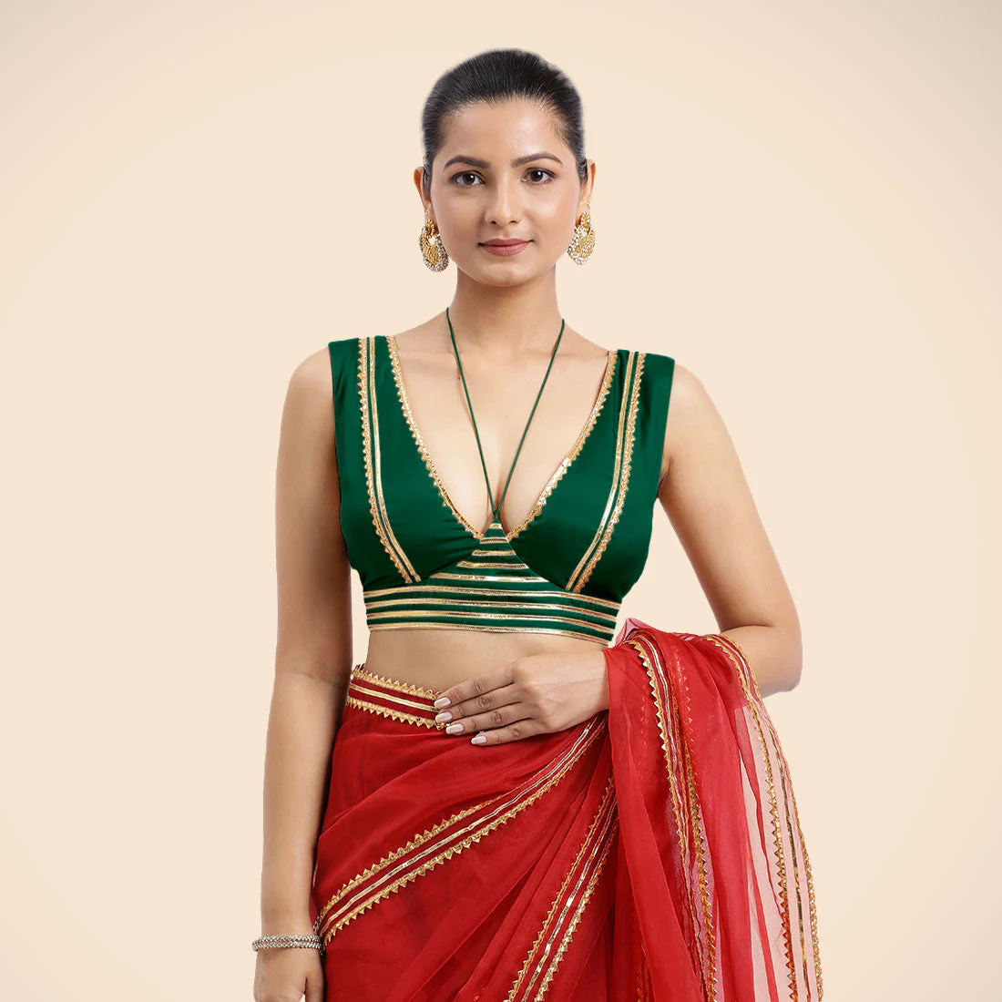 Ahana x Tyohaar | Bottle Green Sleeveless FlexiFit™ Saree Blouse with Plunging Neckline and Back Cut Out with Tasteful Golden Gota Lace Embellishment - Image 5