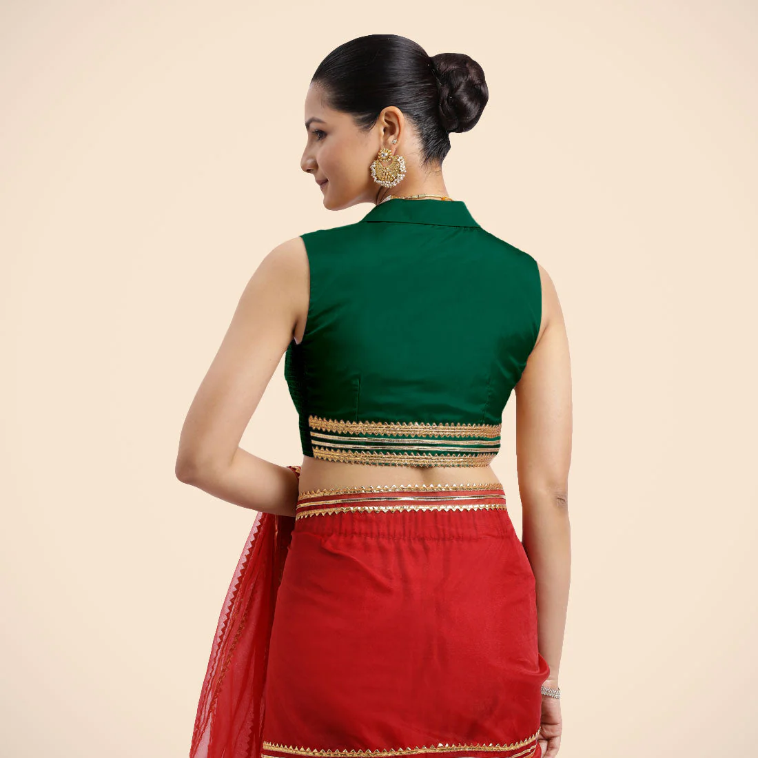 Avni x Tyohaar | Bottle Green Sleeveless FlexiFit™ Saree Blouse with Elegant Shawl Collar with Golden Gota Lace Embellishment - Image 2