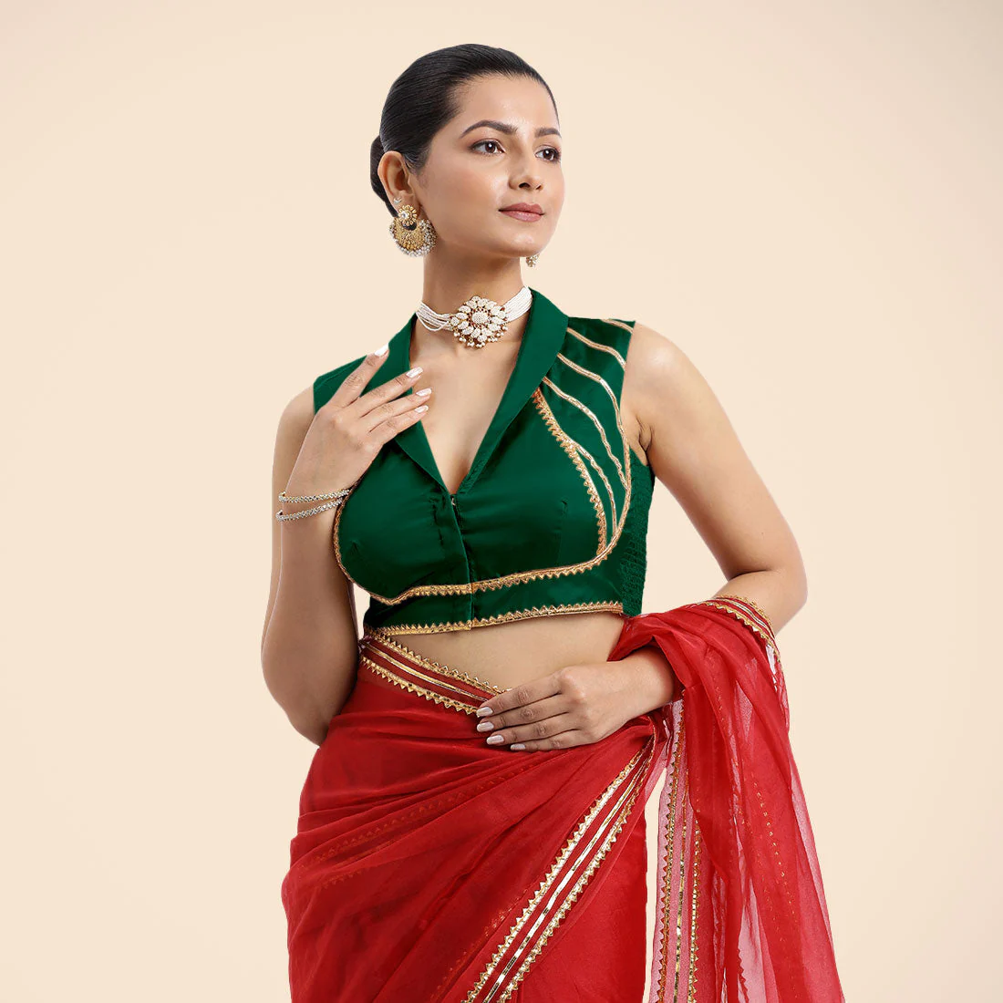 Avni x Tyohaar | Bottle Green Sleeveless FlexiFit™ Saree Blouse with Elegant Shawl Collar with Golden Gota Lace Embellishment - Image 5