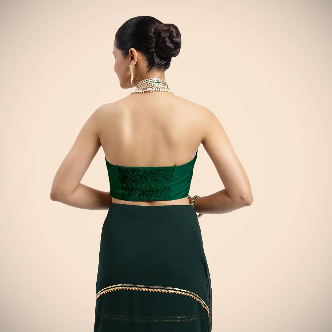 Laila x Tyohaar | Bottle Green Halterneck FlexiFit™ Saree Blouse with Heavy Golden Gota and Pearl Embellishments - Image 3