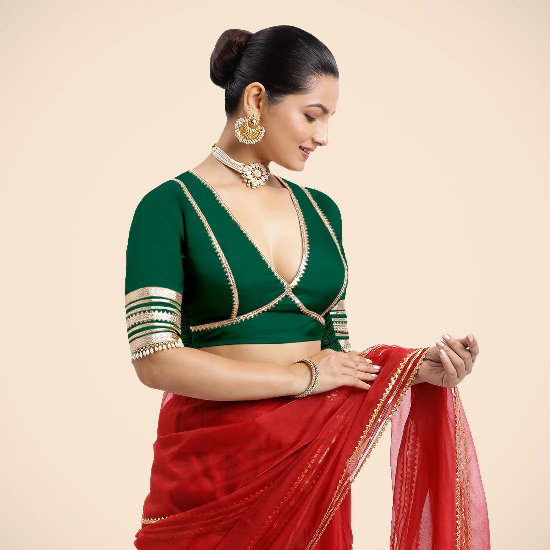 Nafeeza x Tyohaar | Bottle Green Embellished Elbow Sleeves FlexiFit™ Saree Blouse with Plunging V Neckline with Tasteful Golden Gota Lace - Image 4