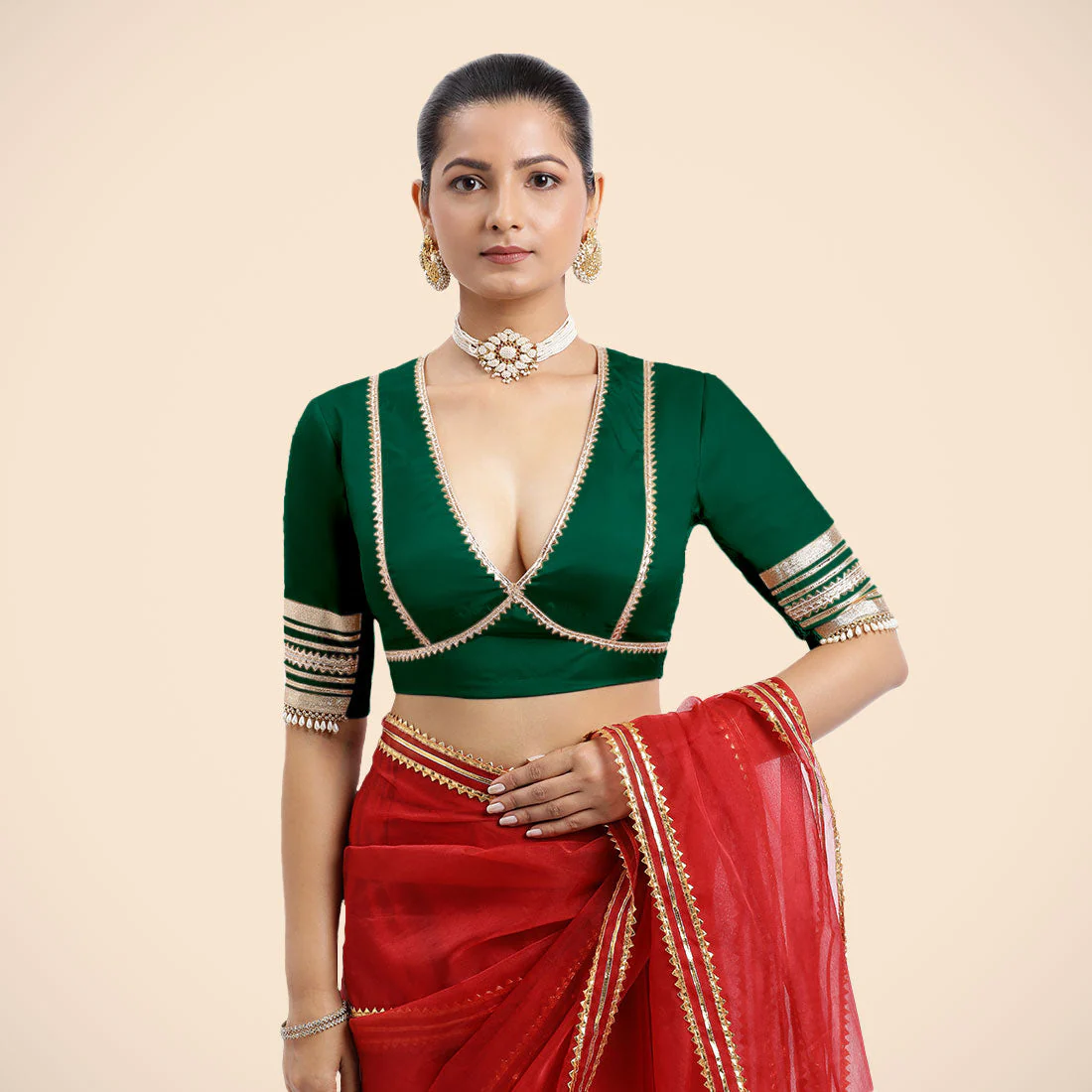Nafeeza x Tyohaar | Bottle Green Embellished Elbow Sleeves FlexiFit™ Saree Blouse with Plunging V Neckline with Tasteful Golden Gota Lace - Image 5