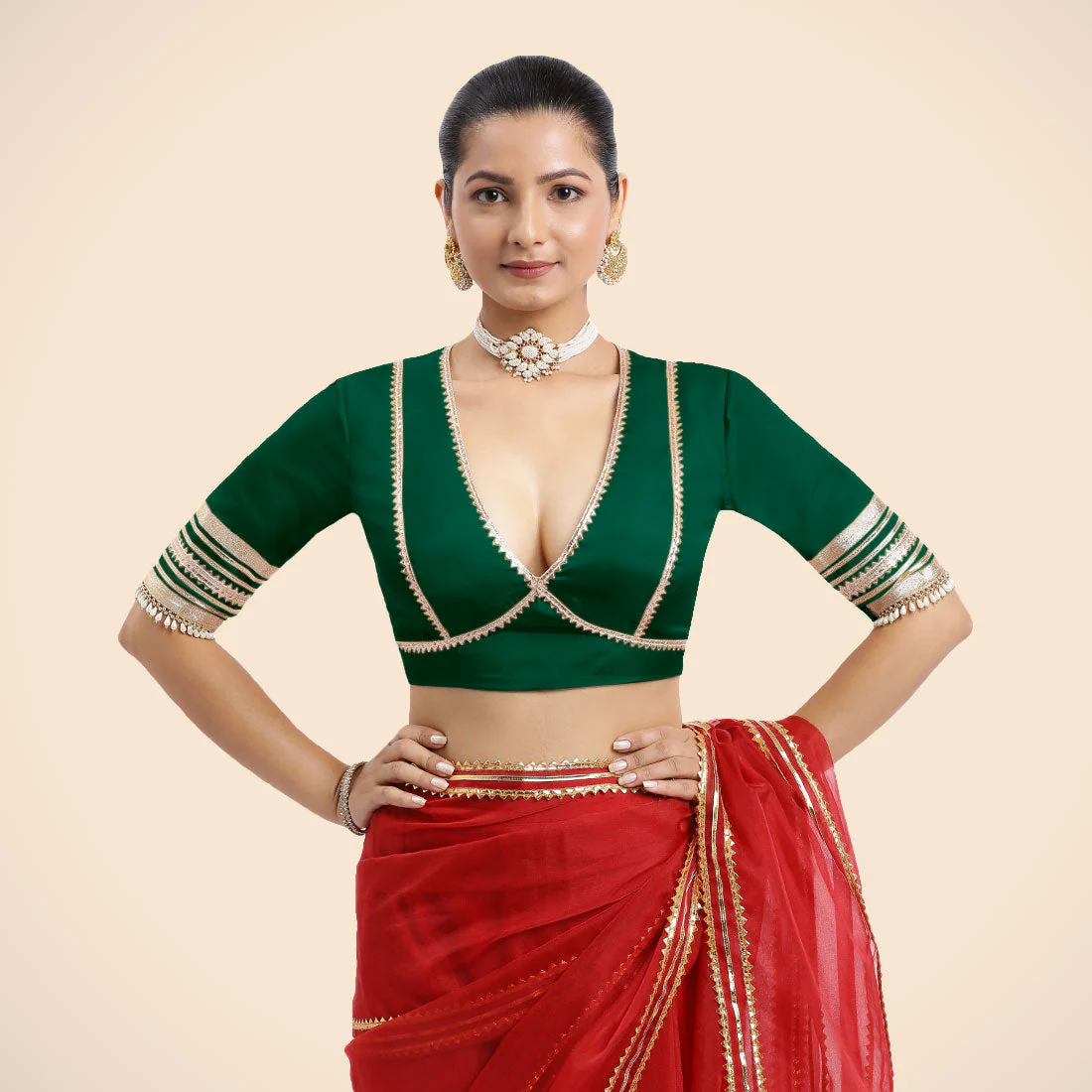 Nafeeza x Tyohaar | Bottle Green Embellished Elbow Sleeves FlexiFit™ Saree Blouse with Plunging V Neckline with Tasteful Golden Gota Lace - Image 6
