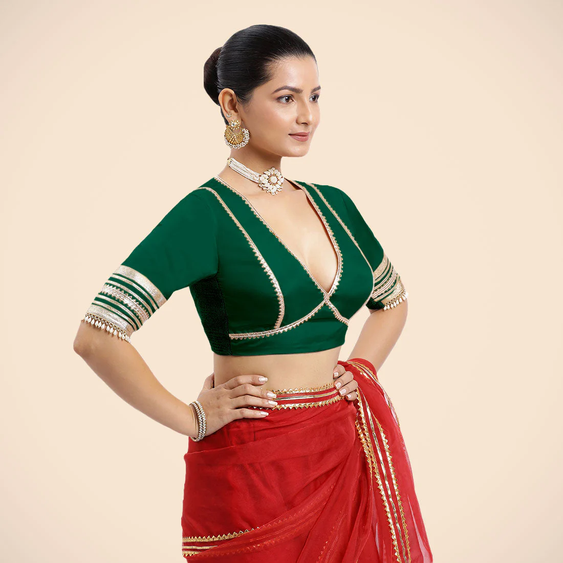 Nafeeza x Tyohaar | Bottle Green Embellished Elbow Sleeves FlexiFit™ Saree Blouse with Plunging V Neckline with Tasteful Golden Gota Lace - Image 7