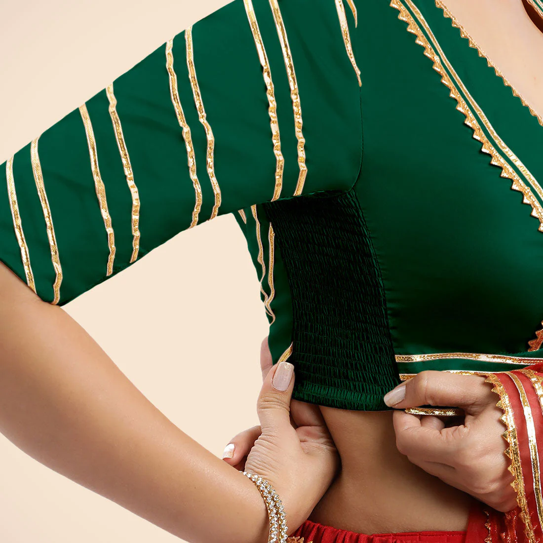 Navya x Tyohaar | Bottle Green Elbow Sleeves FlexiFit™ Saree Blouse with Plunging V Neckline with Tasteful Golden Gota Lace - Image 10