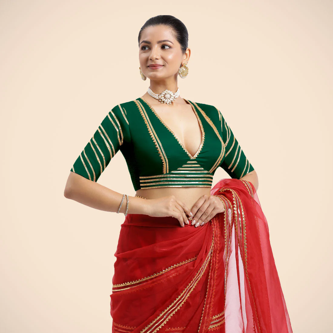 Navya x Tyohaar | Bottle Green Elbow Sleeves FlexiFit™ Saree Blouse with Plunging V Neckline with Tasteful Golden Gota Lace - Image 2
