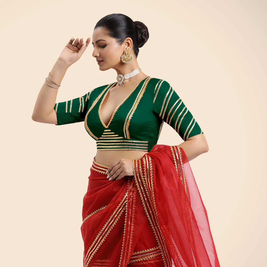 Navya x Tyohaar | Bottle Green Elbow Sleeves FlexiFit™ Saree Blouse with Plunging V Neckline with Tasteful Golden Gota Lace - Image 3