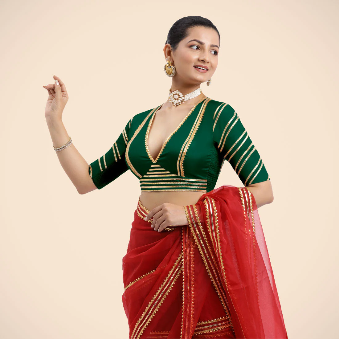 Navya x Tyohaar | Bottle Green Elbow Sleeves FlexiFit™ Saree Blouse with Plunging V Neckline with Tasteful Golden Gota Lace - Image 4
