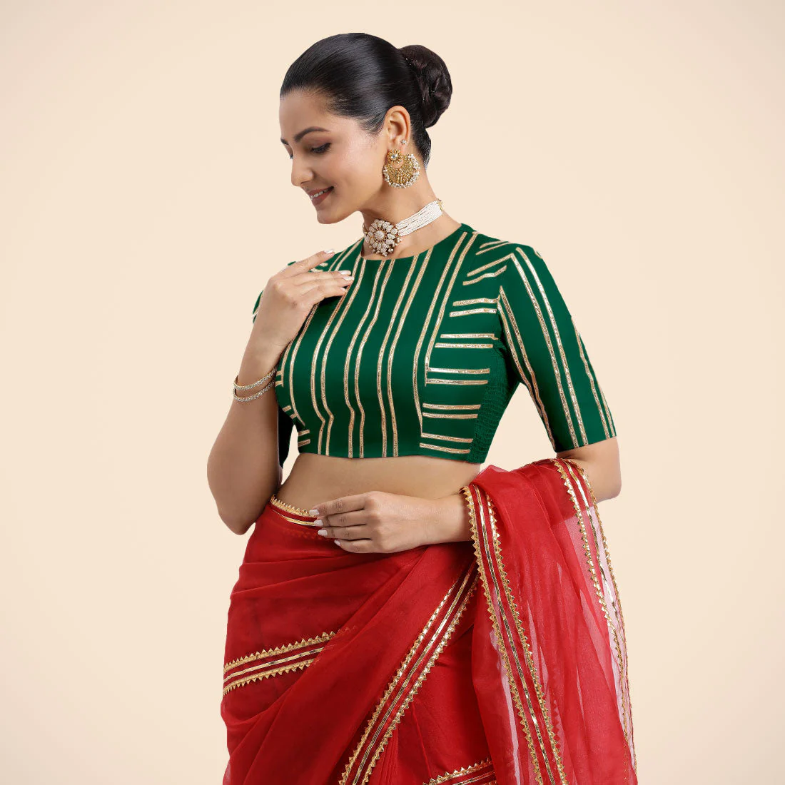 Shaheen x Tyohaar | Bottle Green Elbow Sleeves FlexiFit™ Saree Blouse with Zero Neck with Back Cut-Out and Golden Gota Embellishment - Image 4