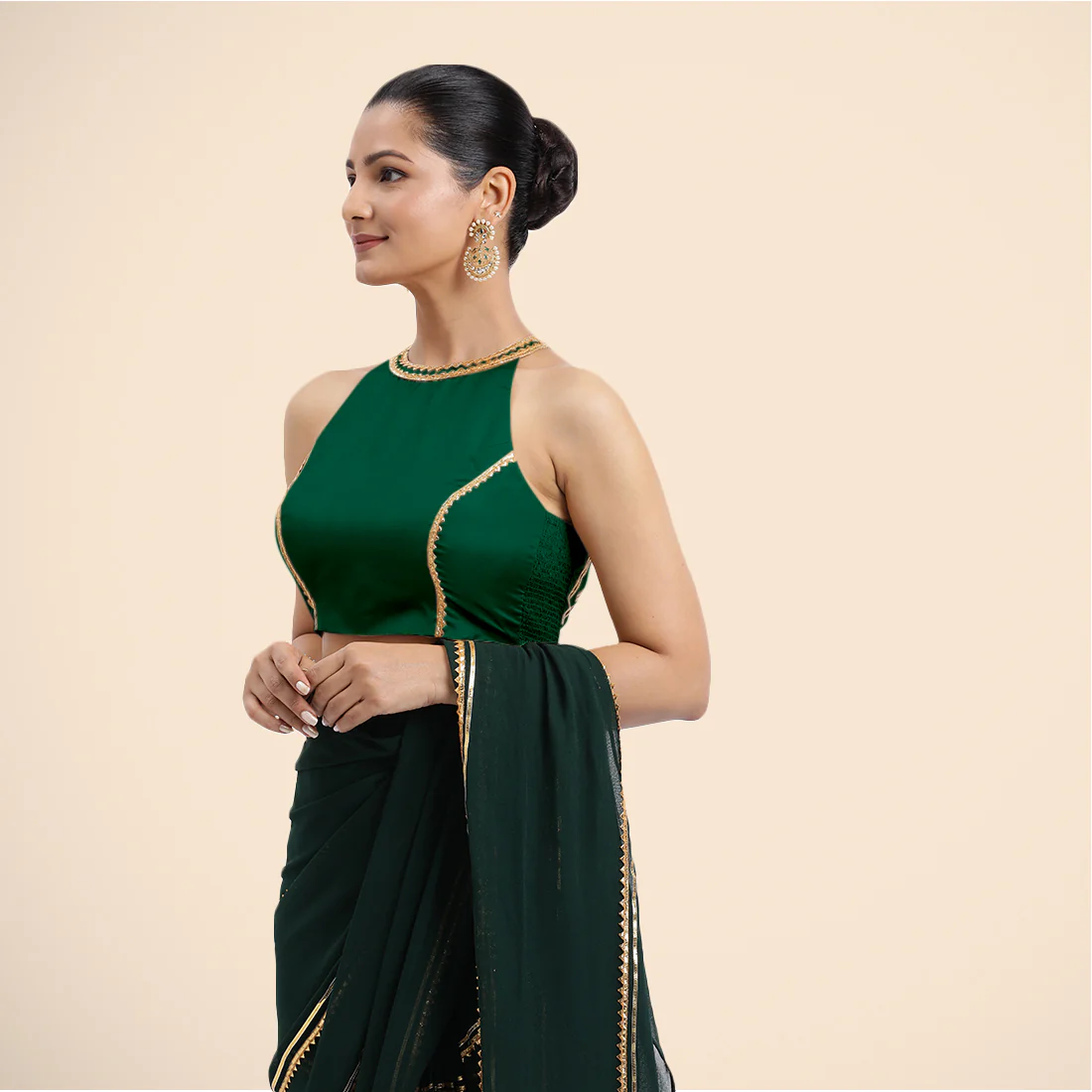 Zubeida x Tyohaar | Bottle Green Halterneck FlexiFit™ Saree Blouse with Elegant Golden Gota Embellishment on Princess Line - Image 4