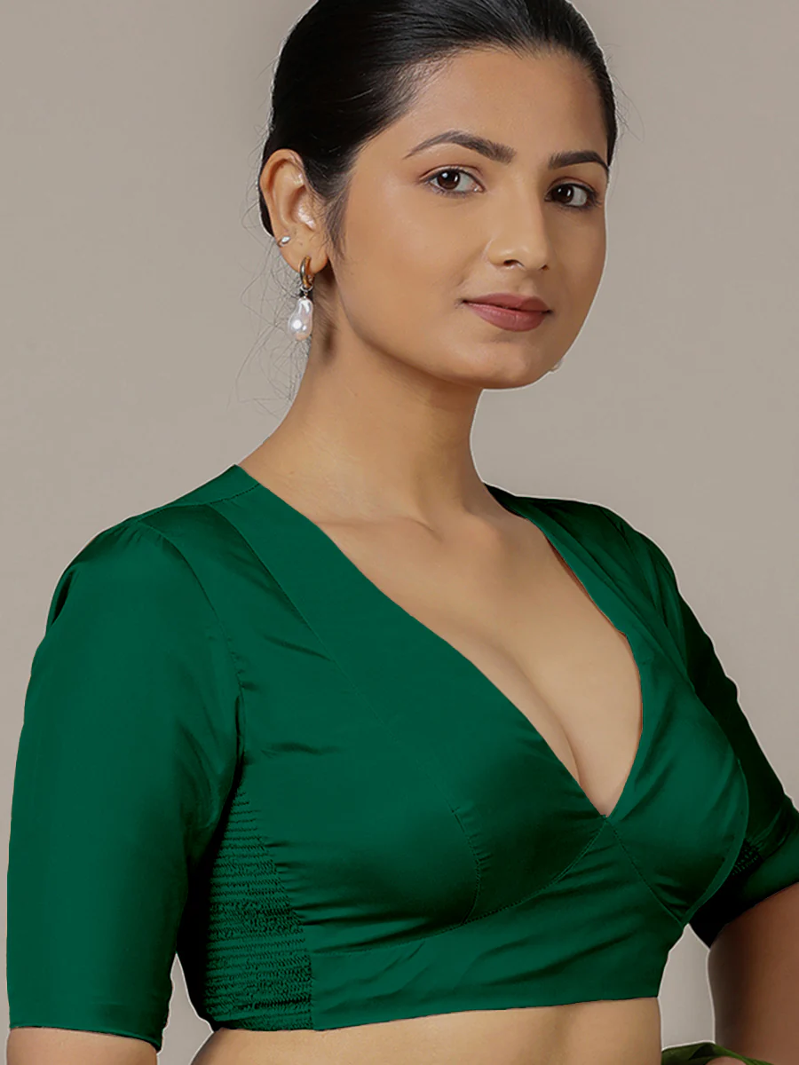Zeenat x Rozaana | Bottle Green Elbow Sleeves FlexiFit™ Saree Blouse with Plunging Neckline - Image 7