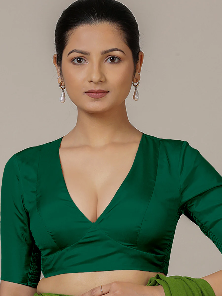 Zeenat x Rozaana | Bottle Green Elbow Sleeves FlexiFit™ Saree Blouse with Plunging Neckline - Image 9