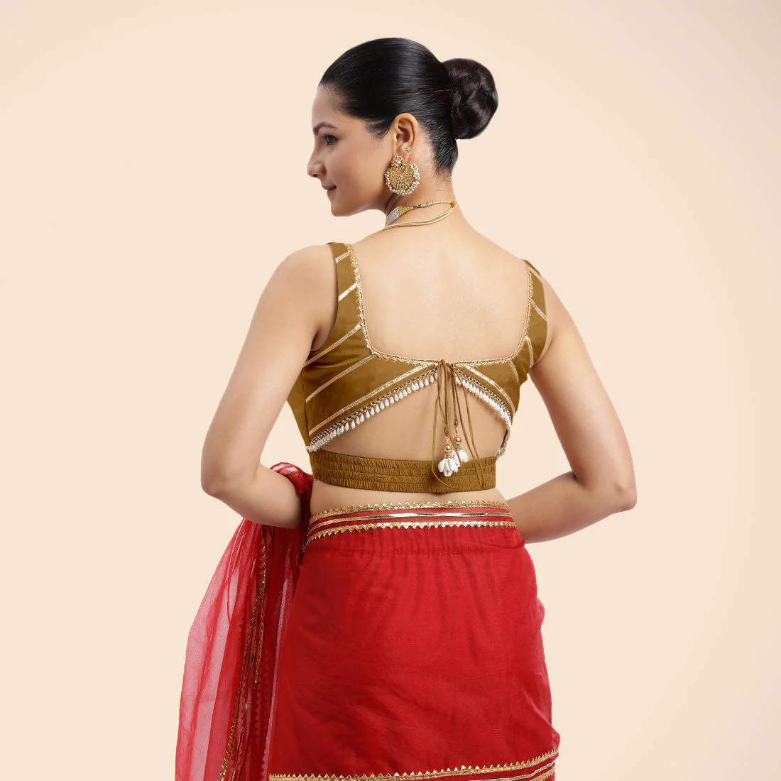 Arya x Tyohaar | Bronze Gold Sleeveless FlexiFit™ Saree Blouse with Square Neck and Back Window Embeliished with Golden Gota and Pearl Lace - Image 4