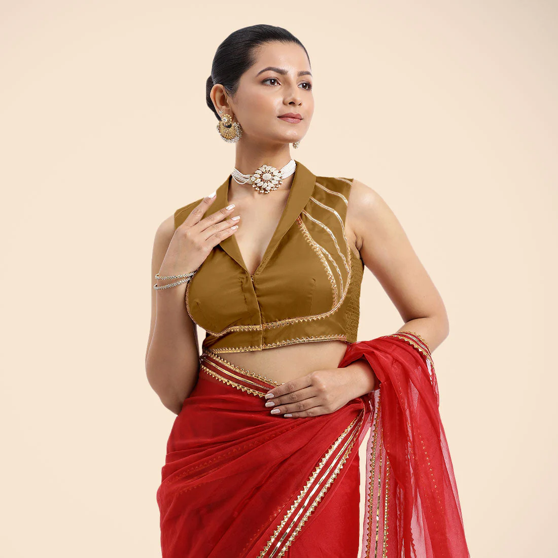 Avni x Tyohaar | Bronze Gold Sleeveless FlexiFit™ Saree Blouse with Elegant Shawl Collar with Golden Gota Lace Embellishment - Image 5