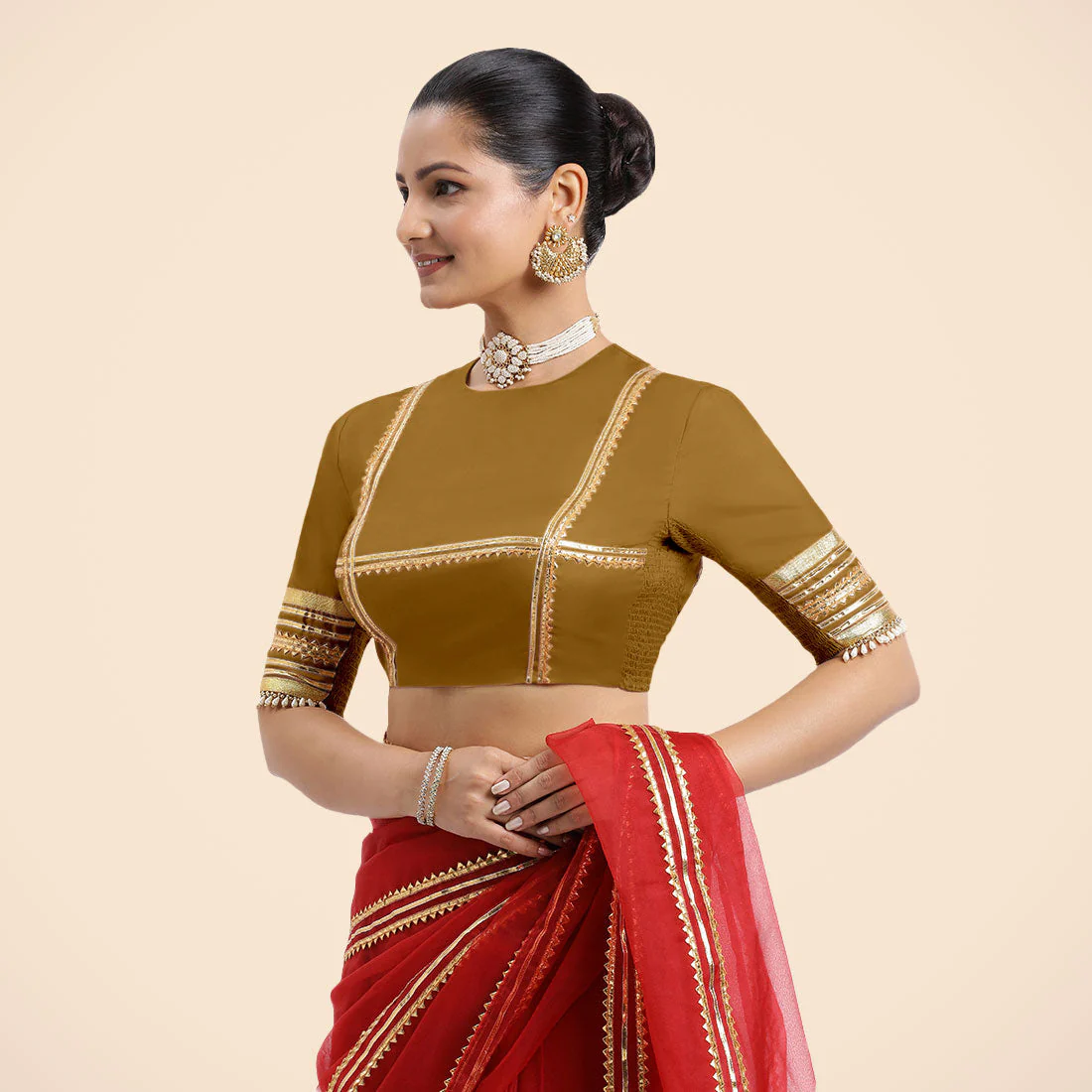 Farheen x Tyohaar | Bronze Gold Embellished Elbow Sleeves FlexiFit™ Saree Blouse with Zero Neck with Back Cut-Out and Golden Gota Embellishment - Image 3