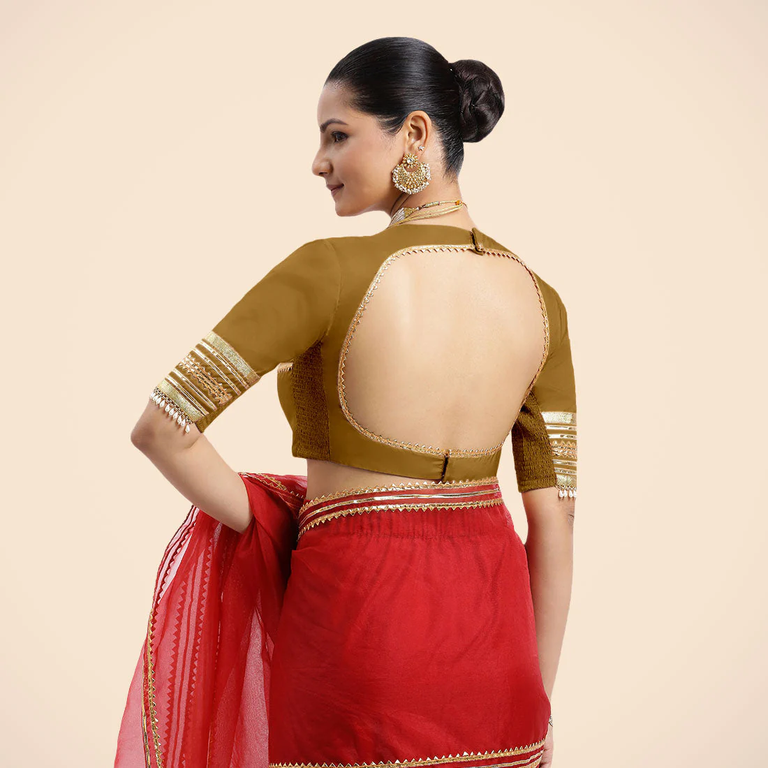 Farheen x Tyohaar | Bronze Gold Embellished Elbow Sleeves FlexiFit™ Saree Blouse with Zero Neck with Back Cut-Out and Golden Gota Embellishment - Image 4