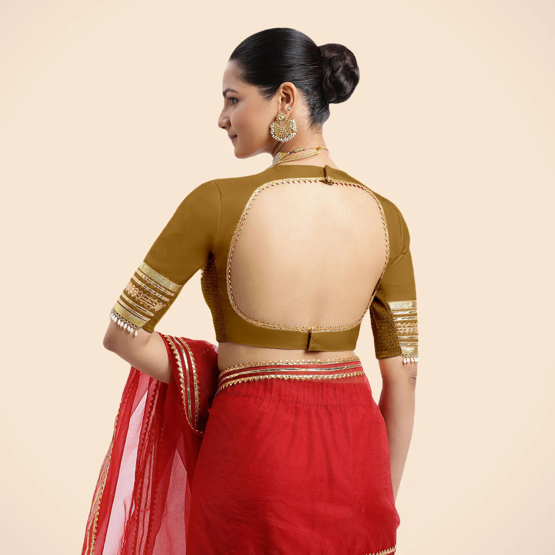 Farheen x Tyohaar | Bronze Gold Embellished Elbow Sleeves FlexiFit™ Saree Blouse with Zero Neck with Back Cut-Out and Golden Gota Embellishment - Image 5