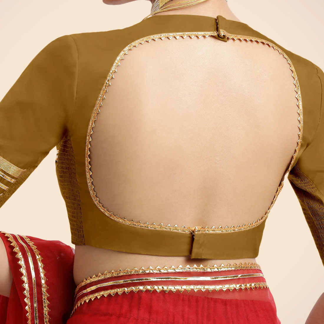 Farheen x Tyohaar | Bronze Gold Embellished Elbow Sleeves FlexiFit™ Saree Blouse with Zero Neck with Back Cut-Out and Golden Gota Embellishment - Image 6