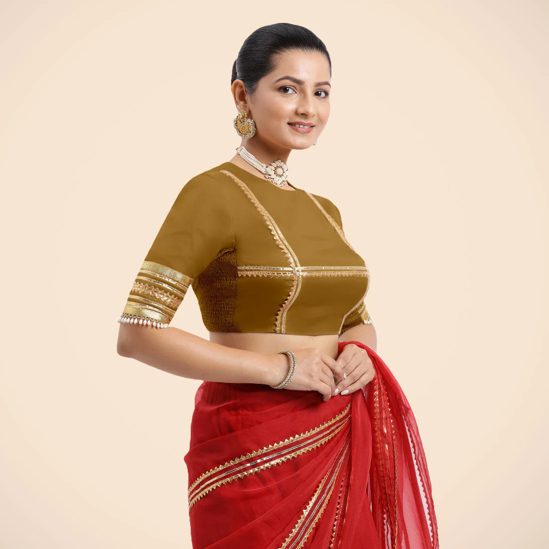 Farheen x Tyohaar | Bronze Gold Embellished Elbow Sleeves FlexiFit™ Saree Blouse with Zero Neck with Back Cut-Out and Golden Gota Embellishment - Image 9
