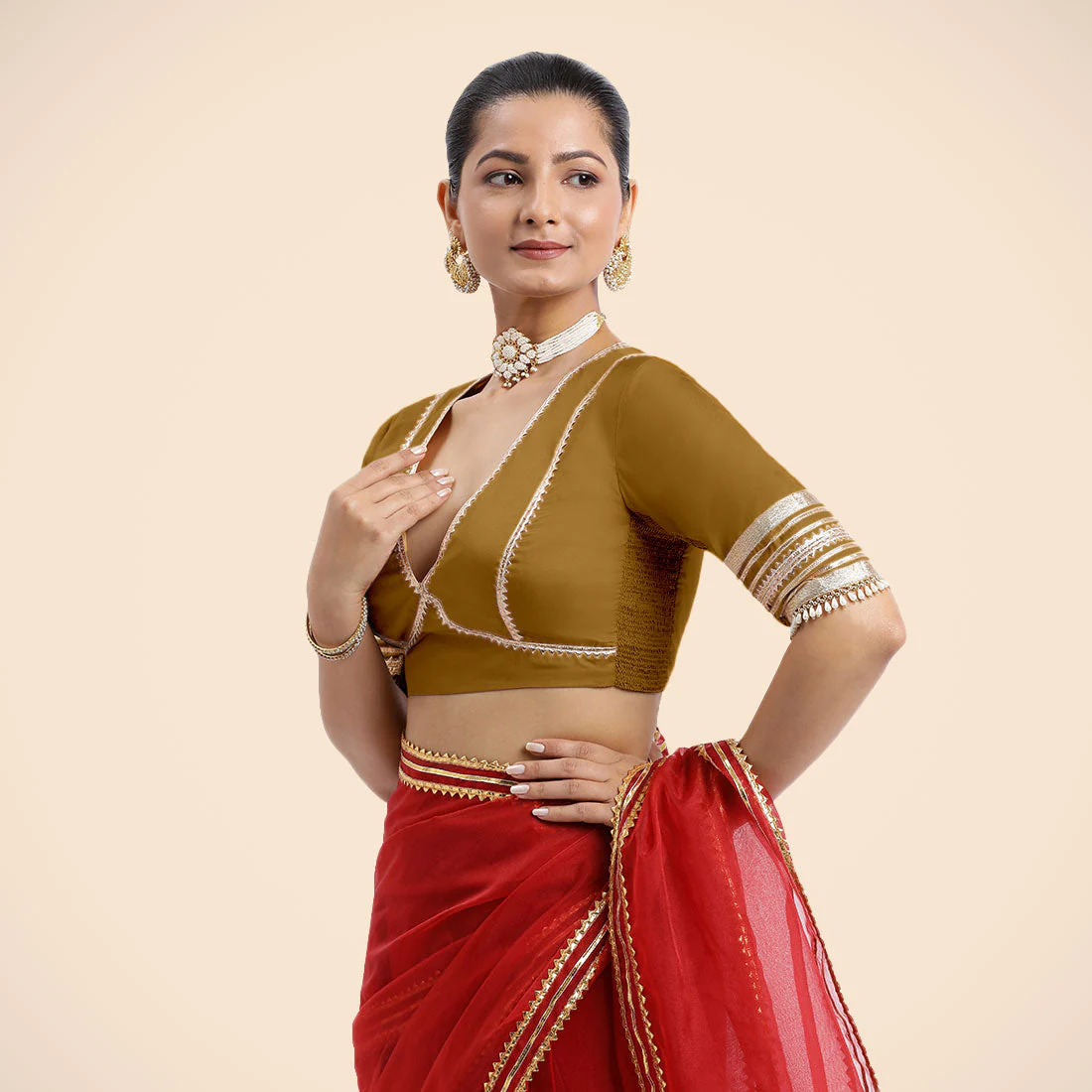 Nafeeza x Tyohaar | Bronze Gold Embellished Elbow Sleeves FlexiFit™ Saree Blouse with Plunging V Neckline with Tasteful Golden Gota Lace - Image 13
