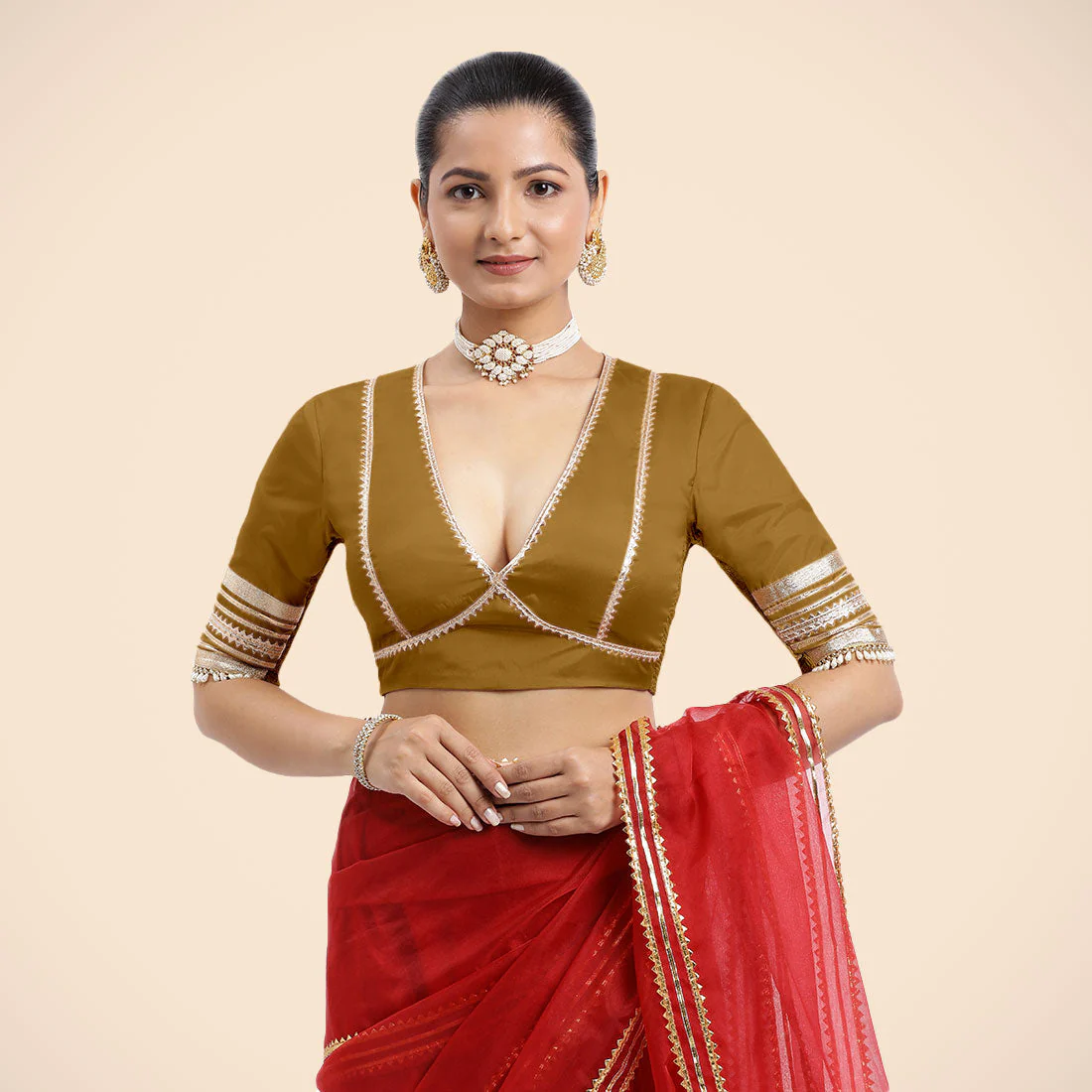 Nafeeza x Tyohaar | Bronze Gold Embellished Elbow Sleeves FlexiFit™ Saree Blouse with Plunging V Neckline with Tasteful Golden Gota Lace - Image 14