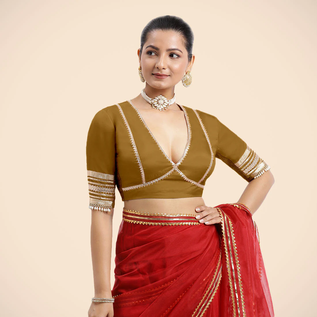 Nafeeza x Tyohaar | Bronze Gold Embellished Elbow Sleeves FlexiFit™ Saree Blouse with Plunging V Neckline with Tasteful Golden Gota Lace - Image 16