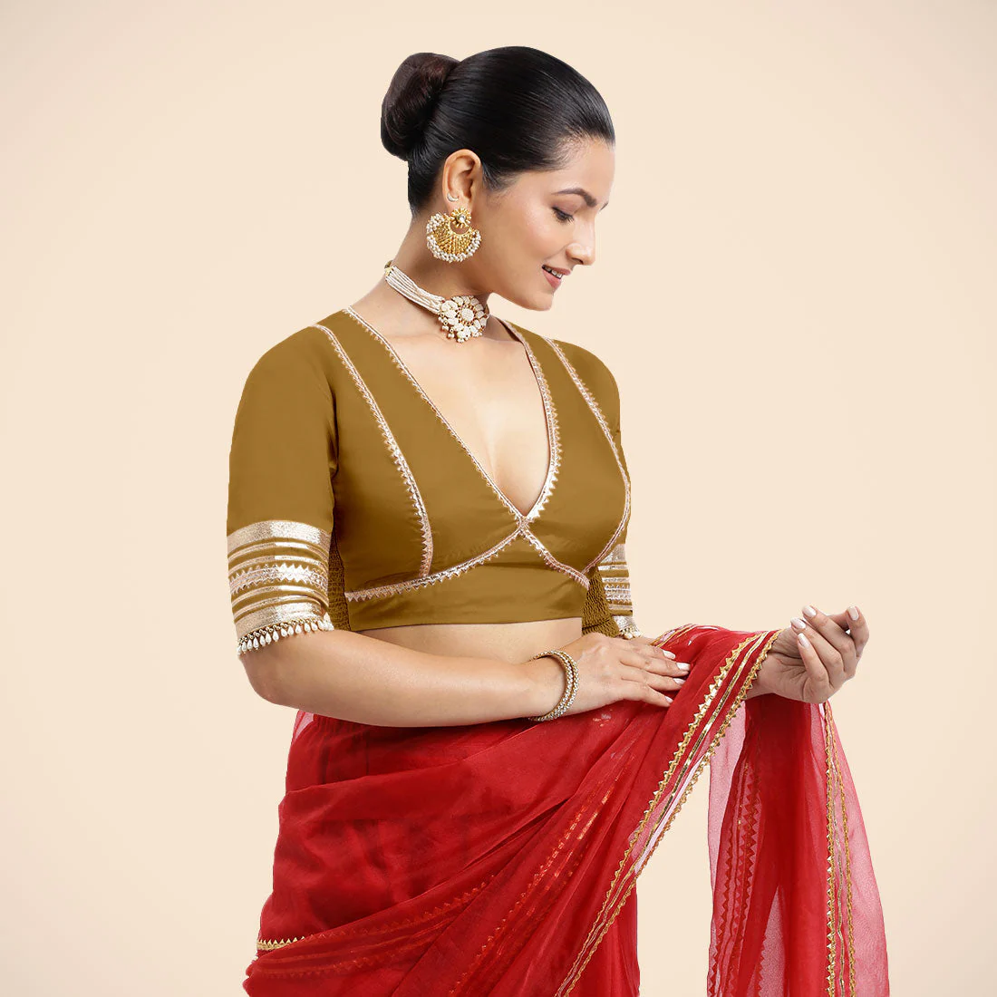 Nafeeza x Tyohaar | Bronze Gold Embellished Elbow Sleeves FlexiFit™ Saree Blouse with Plunging V Neckline with Tasteful Golden Gota Lace - Image 2