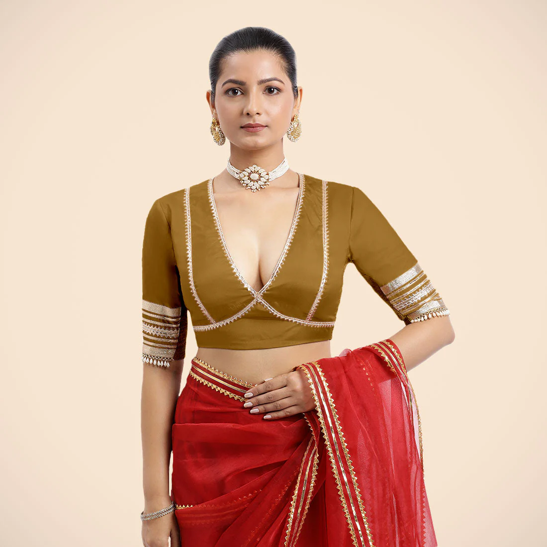 Nafeeza x Tyohaar | Bronze Gold Embellished Elbow Sleeves FlexiFit™ Saree Blouse with Plunging V Neckline with Tasteful Golden Gota Lace - Image 3