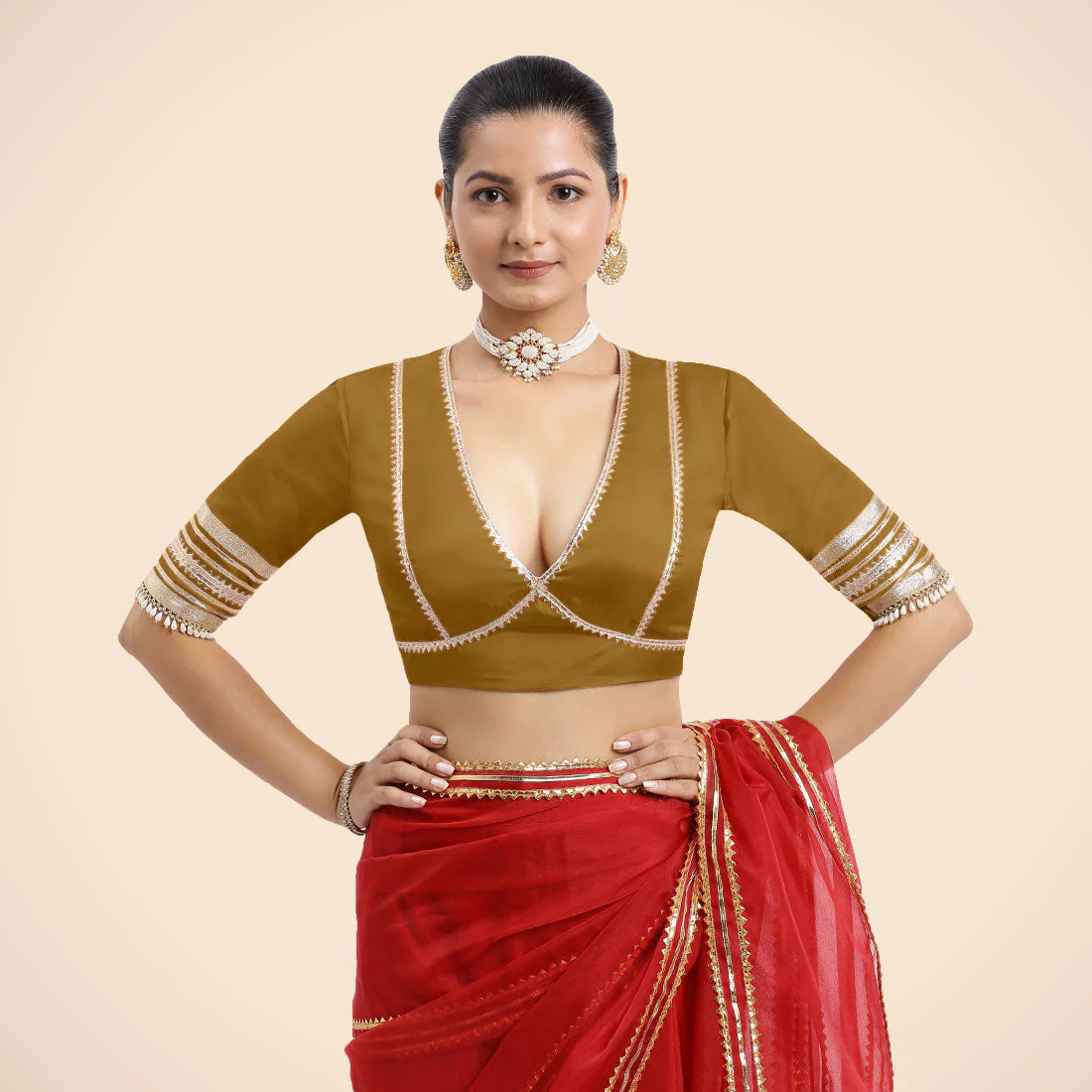 Nafeeza x Tyohaar | Bronze Gold Embellished Elbow Sleeves FlexiFit™ Saree Blouse with Plunging V Neckline with Tasteful Golden Gota Lace - Image 4
