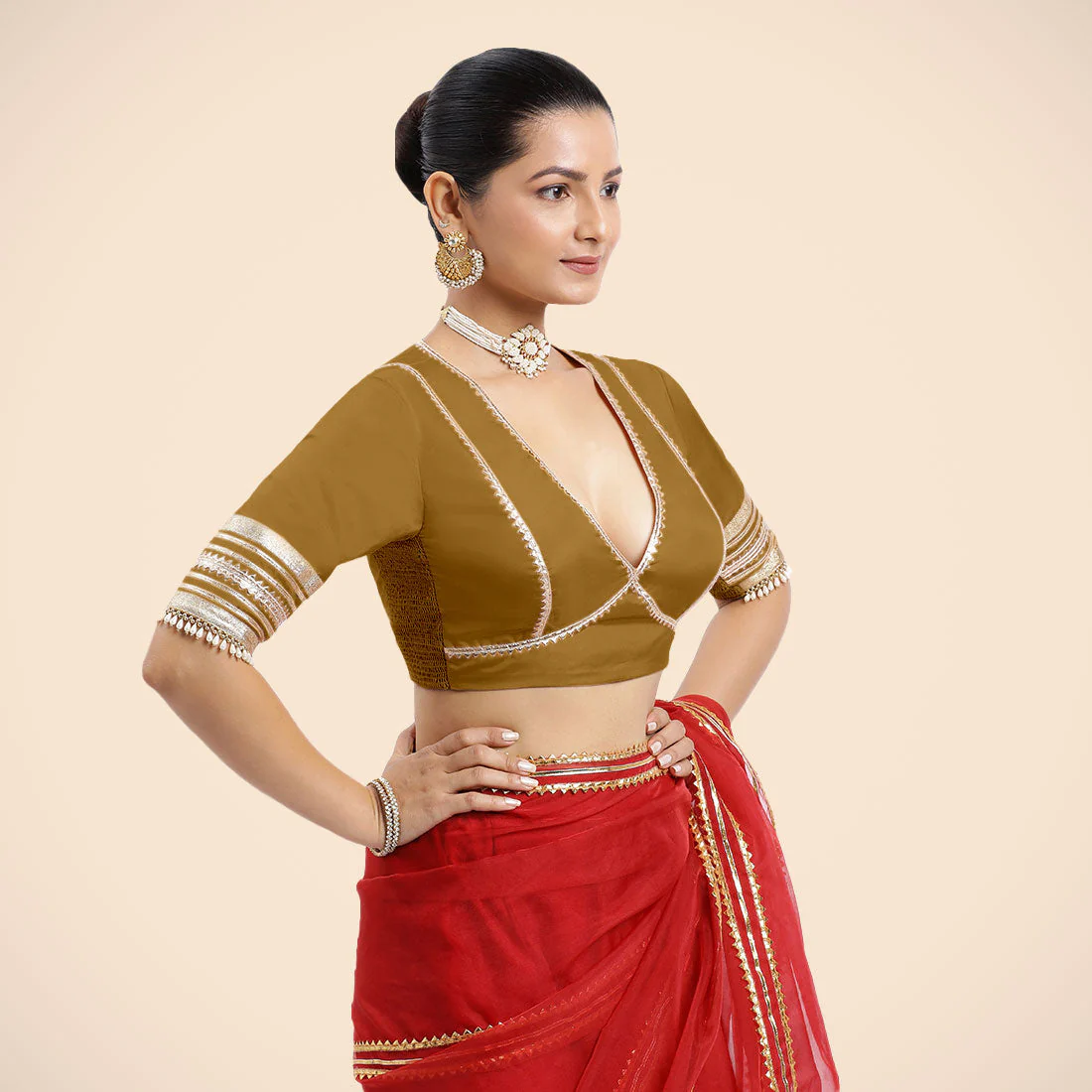 Nafeeza x Tyohaar | Bronze Gold Embellished Elbow Sleeves FlexiFit™ Saree Blouse with Plunging V Neckline with Tasteful Golden Gota Lace - Image 5