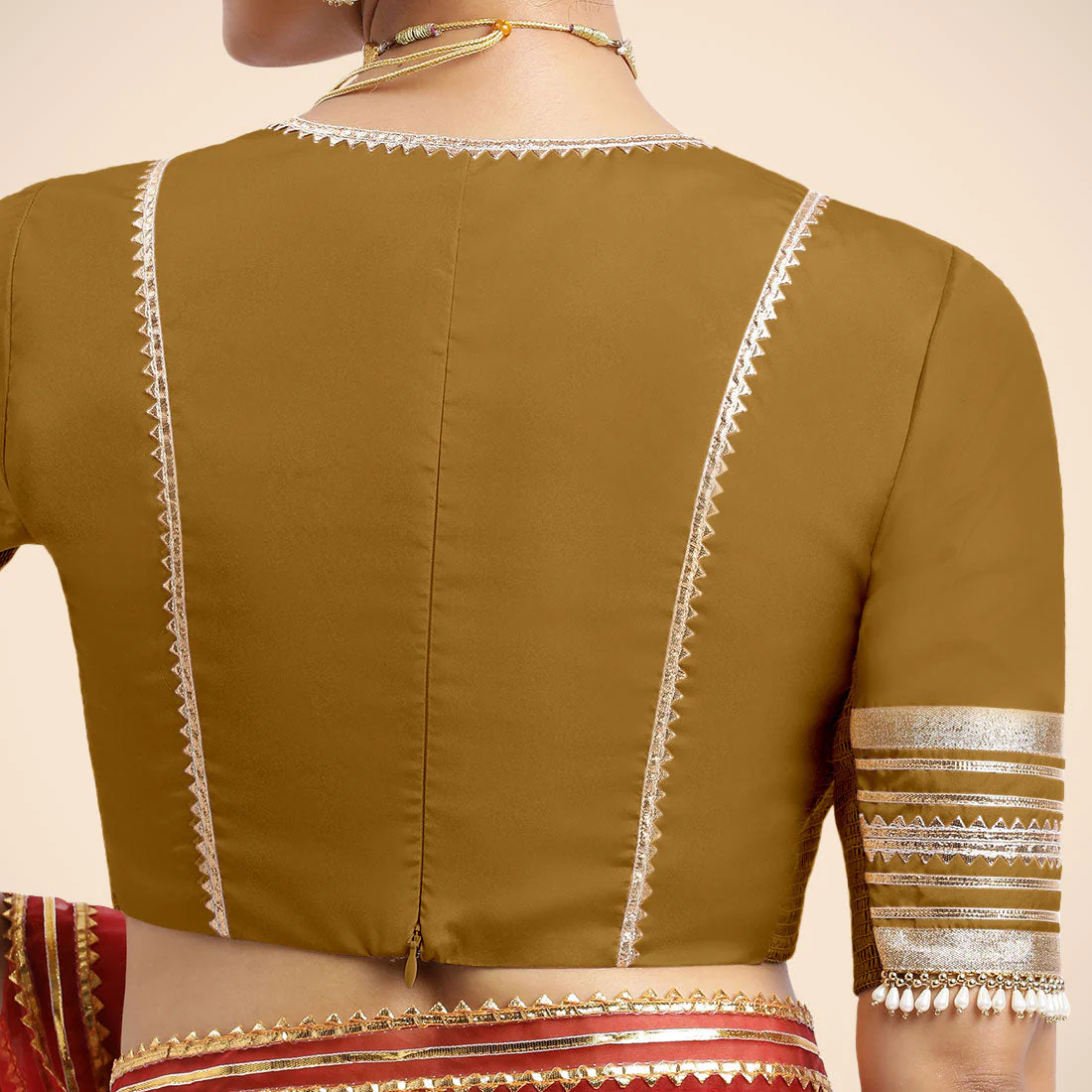 Nafeeza x Tyohaar | Bronze Gold Embellished Elbow Sleeves FlexiFit™ Saree Blouse with Plunging V Neckline with Tasteful Golden Gota Lace - Image 6