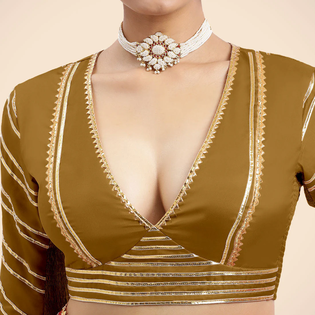 Navya x Tyohaar | Bronze Gold Elbow Sleeves FlexiFit™ Saree Blouse with Plunging V Neckline with Tasteful Golden Gota Lace - Image 7