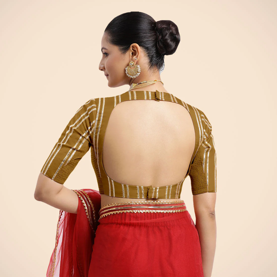 Shaheen x Tyohaar | Bronze Gold Elbow Sleeves FlexiFit™ Saree Blouse with Zero Neck with Back Cut-Out and Golden Gota Embellishment - Image 10