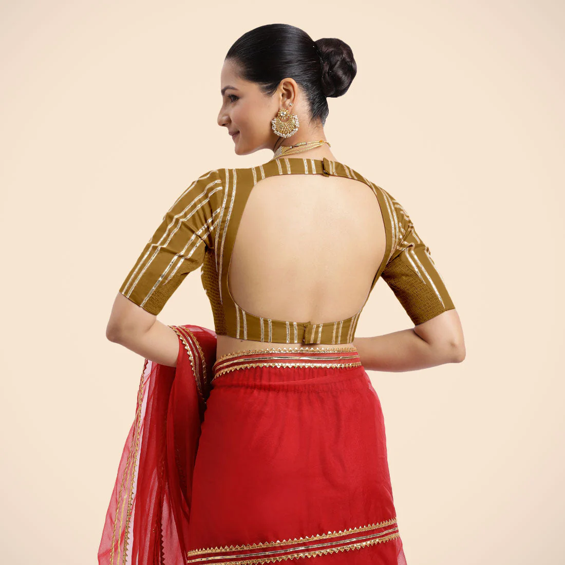 Shaheen x Tyohaar | Bronze Gold Elbow Sleeves FlexiFit™ Saree Blouse with Zero Neck with Back Cut-Out and Golden Gota Embellishment - Image 11