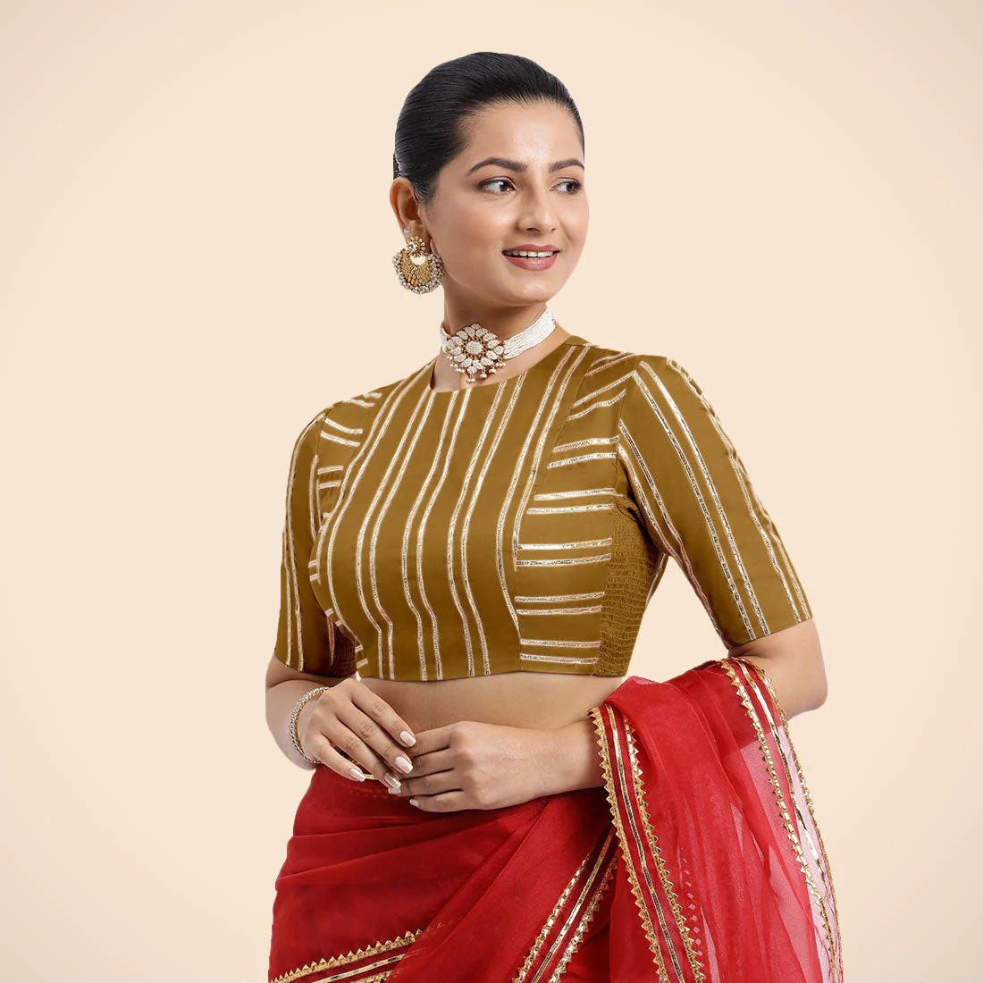 Shaheen x Tyohaar | Bronze Gold Elbow Sleeves FlexiFit™ Saree Blouse with Zero Neck with Back Cut-Out and Golden Gota Embellishment - Image 6