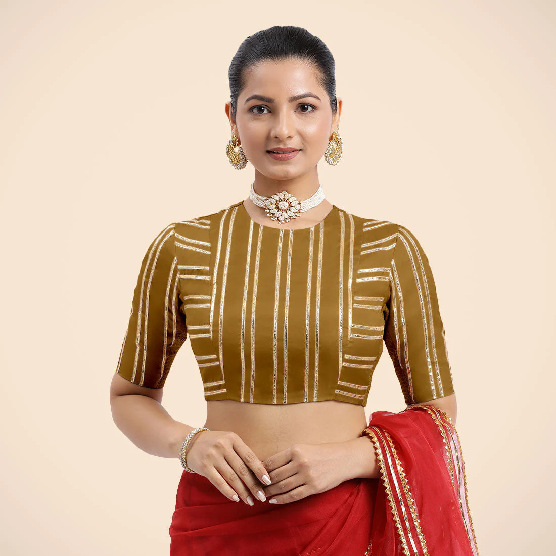 Shaheen x Tyohaar | Bronze Gold Elbow Sleeves FlexiFit™ Saree Blouse with Zero Neck with Back Cut-Out and Golden Gota Embellishment - Image 7