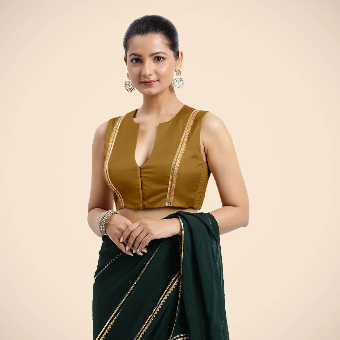 Veena x Tyohaar | Bronze Gold Sleeveless FlexiFit™ Saree Blouse with Front Open Closed Neckline with Slit and Golden Gota Lace - Image 4