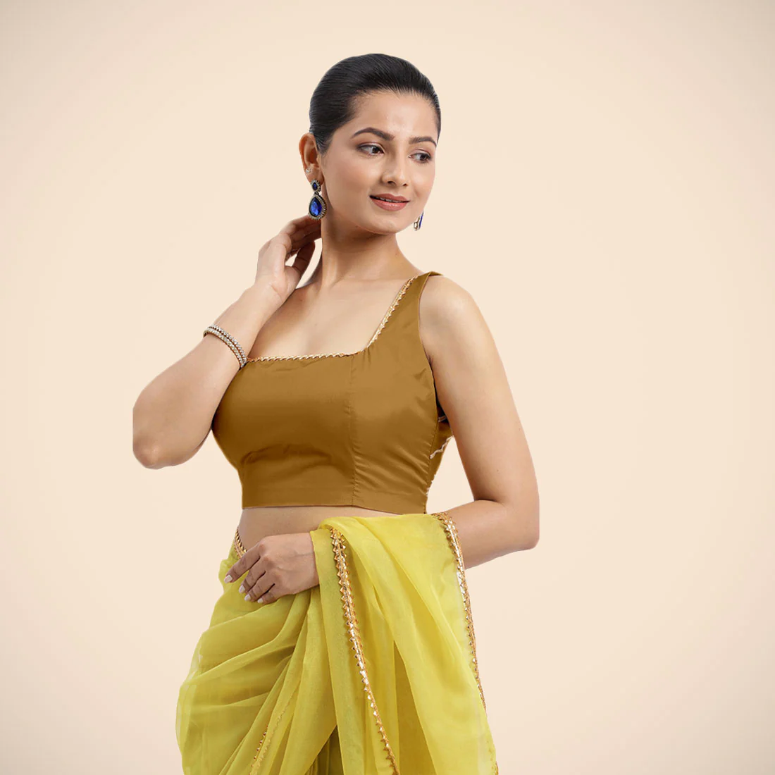 Zeba x Tyohaar | Bronze Gold Sleeveless FlexiFit™ Saree Blouse with Square Neck with Golden Gota Lace and Deep Back - Image 6