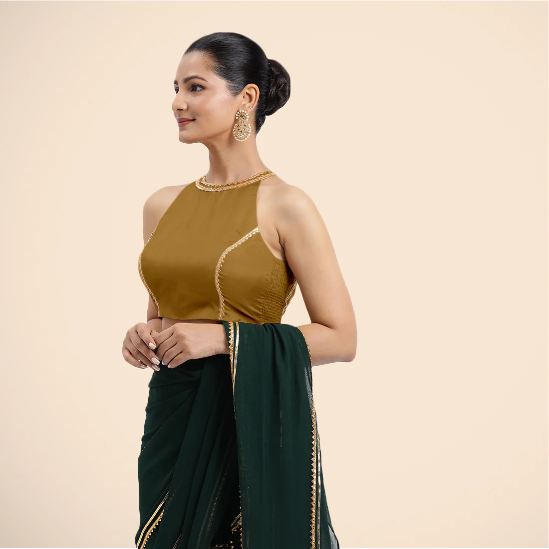 Zubeida x Tyohaar | Bronze Gold Halterneck FlexiFit™ Saree Blouse with Elegant Golden Gota Embellishment on Princess Line - Image 3