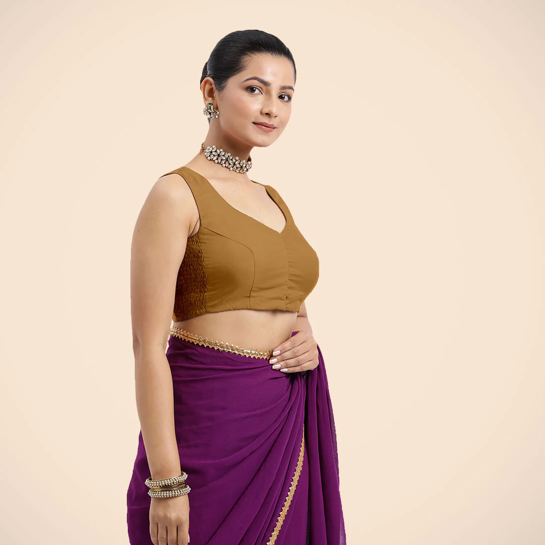 Nazia x Rozaana | Bronze Gold Sleeveless FlexiFit™ Saree Blouse with Front Open Curved V Neckline with Deep Back and Dori - Image 11