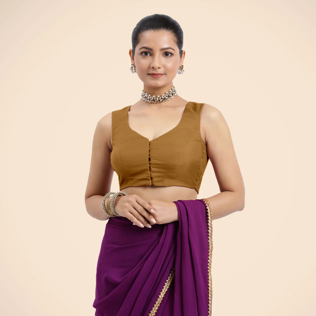 Nazia x Rozaana | Bronze Gold Sleeveless FlexiFit™ Saree Blouse with Front Open Curved V Neckline with Deep Back and Dori - Image 4