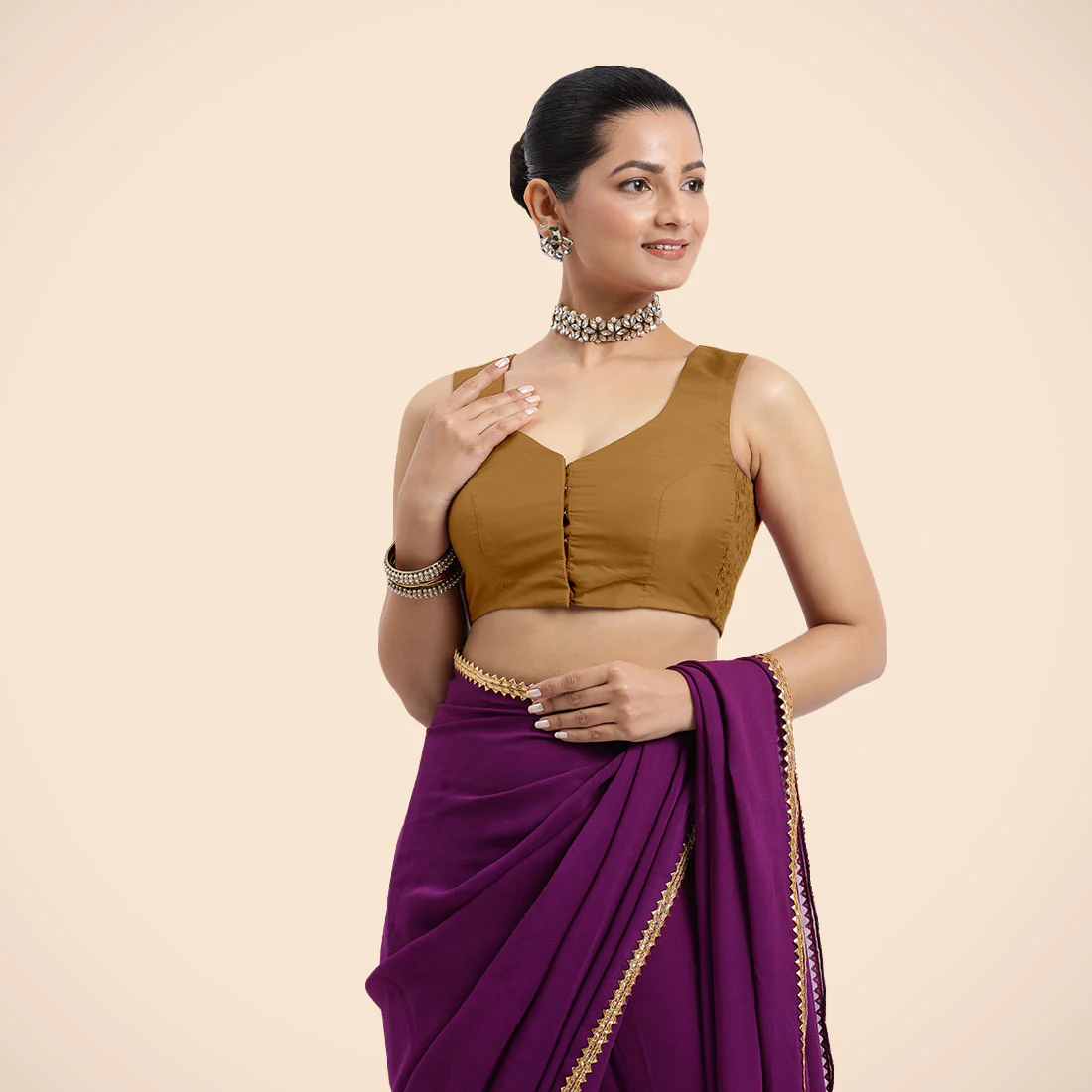 Nazia x Rozaana | Bronze Gold Sleeveless FlexiFit™ Saree Blouse with Front Open Curved V Neckline with Deep Back and Dori - Image 9